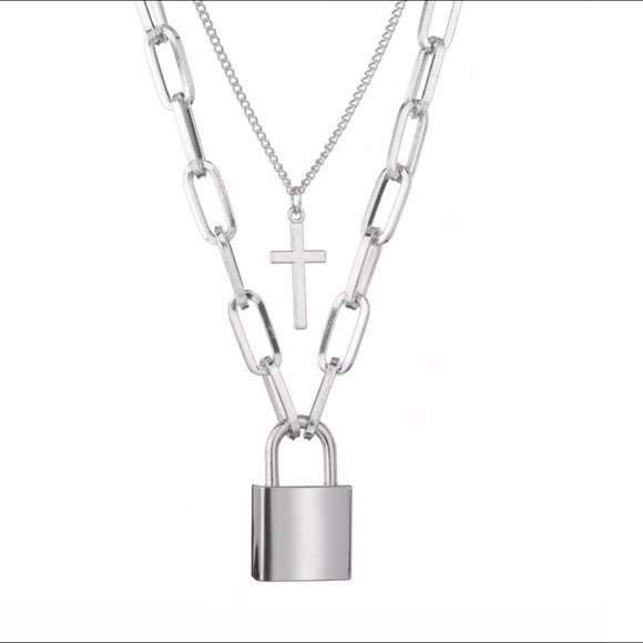 Silver Multilayer Padlock & Cross Chain Necklace - Picture 4 of 8